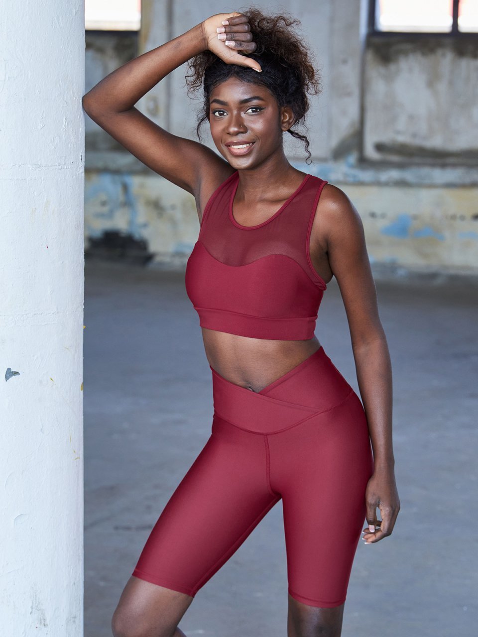 Tül Detaylı Spor Bustiyer Bordo Renk 202