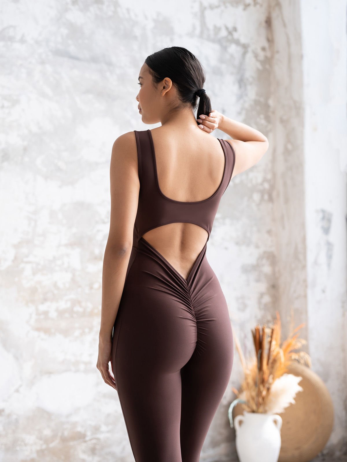 İspanyol Scrunch Butt Jumpsuit Kahverengi 1505