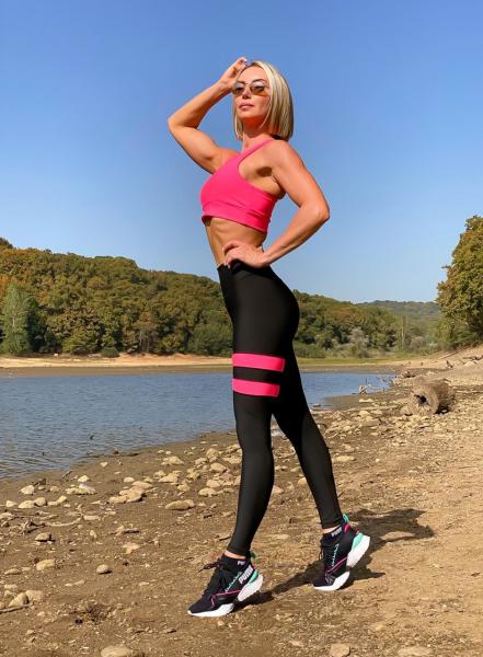 1040 Pembe Şeritli Yüksek Bel Spor Tayt