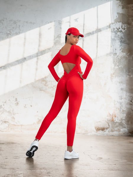 Uzun Kollu Scrunch Butt Tulum Kırrmızı Renk 2503