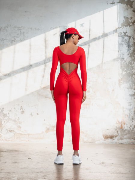 Uzun Kollu Scrunch Butt Tulum Kırrmızı Renk 2503