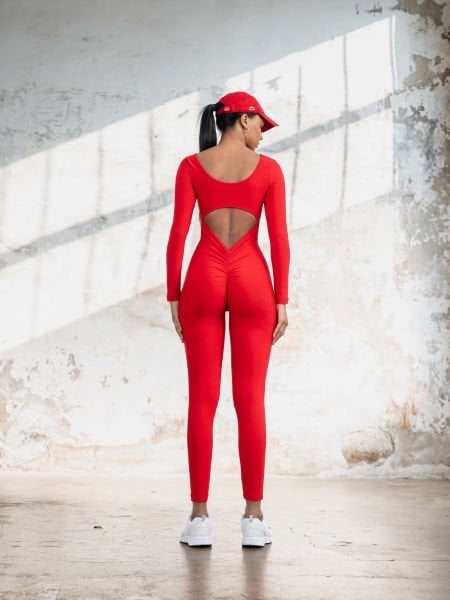 Uzun Kollu Scrunch Butt Tulum Kırrmızı Renk 2503