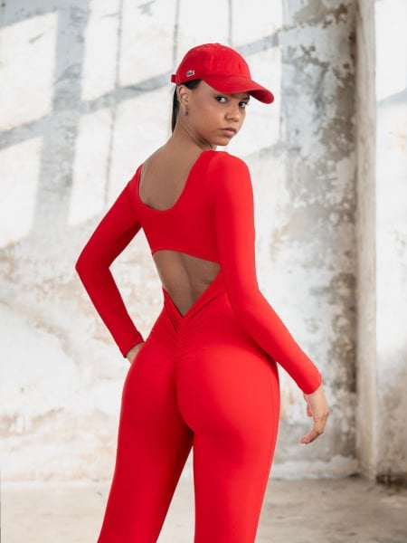 Uzun Kollu Scrunch Butt Tulum Kırrmızı Renk 2503