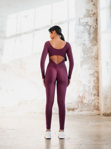 Uzun Kollu Scrunch Butt Tulum Mürdüm Rengi 2501