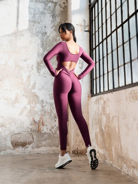 Uzun Kollu Scrunch Butt Tulum Mürdüm Rengi 2501