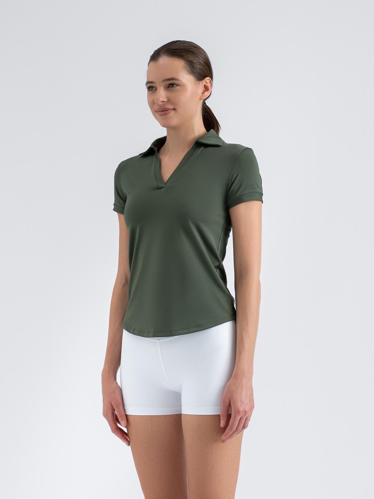 Ve Yaka Tshirt Haki Renk 3808