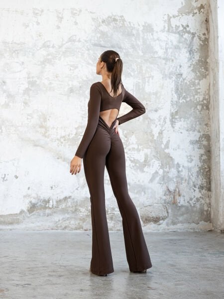 İspanyol Uzun Kollu Scrunch Butt Tulum Kahverengi 3103