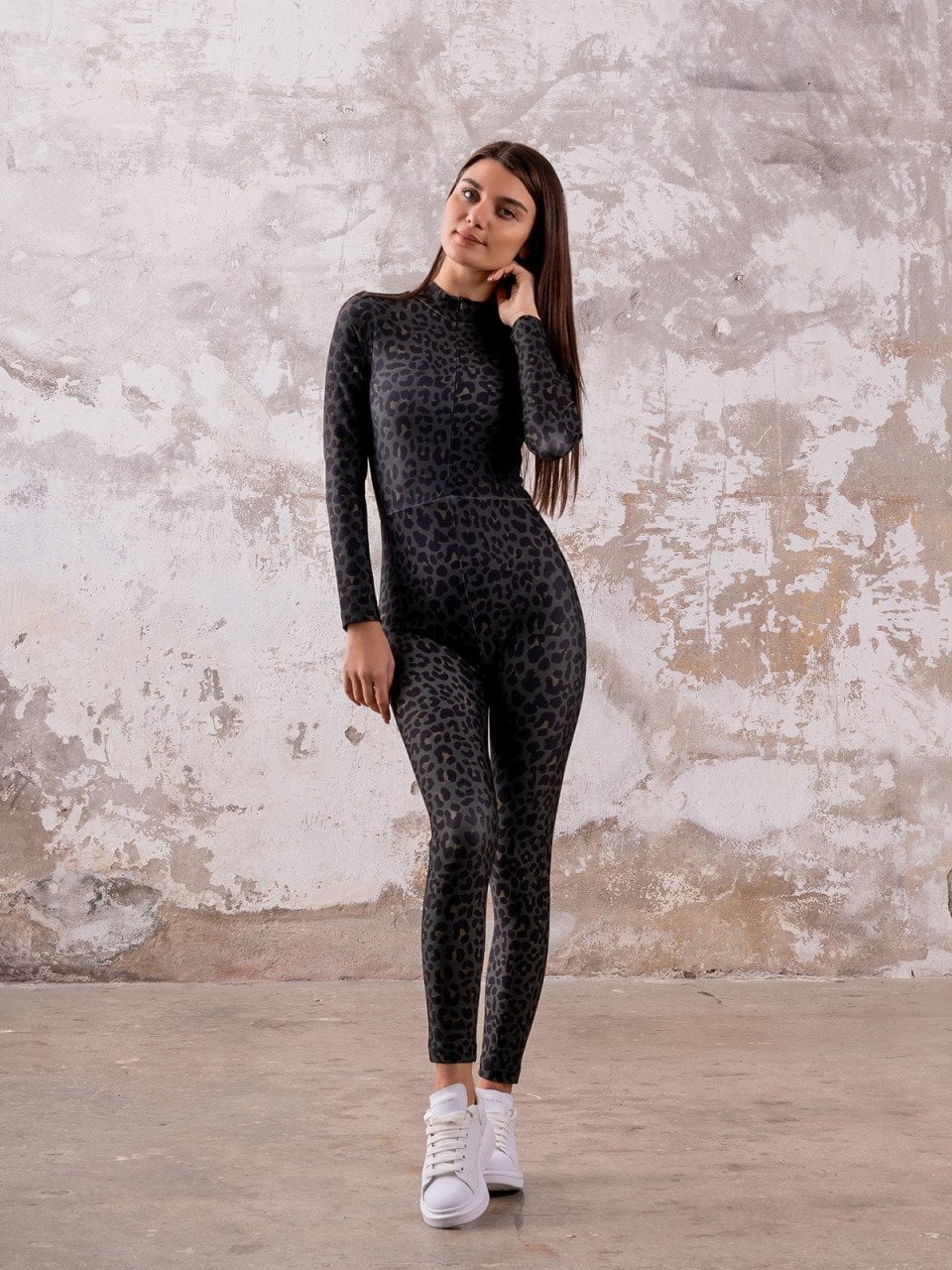 2318 Leopar Desen Uzun Kollu Spor Tulum