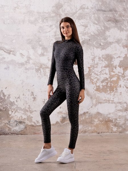2318 Leopar Desen Uzun Kollu Spor Tulum