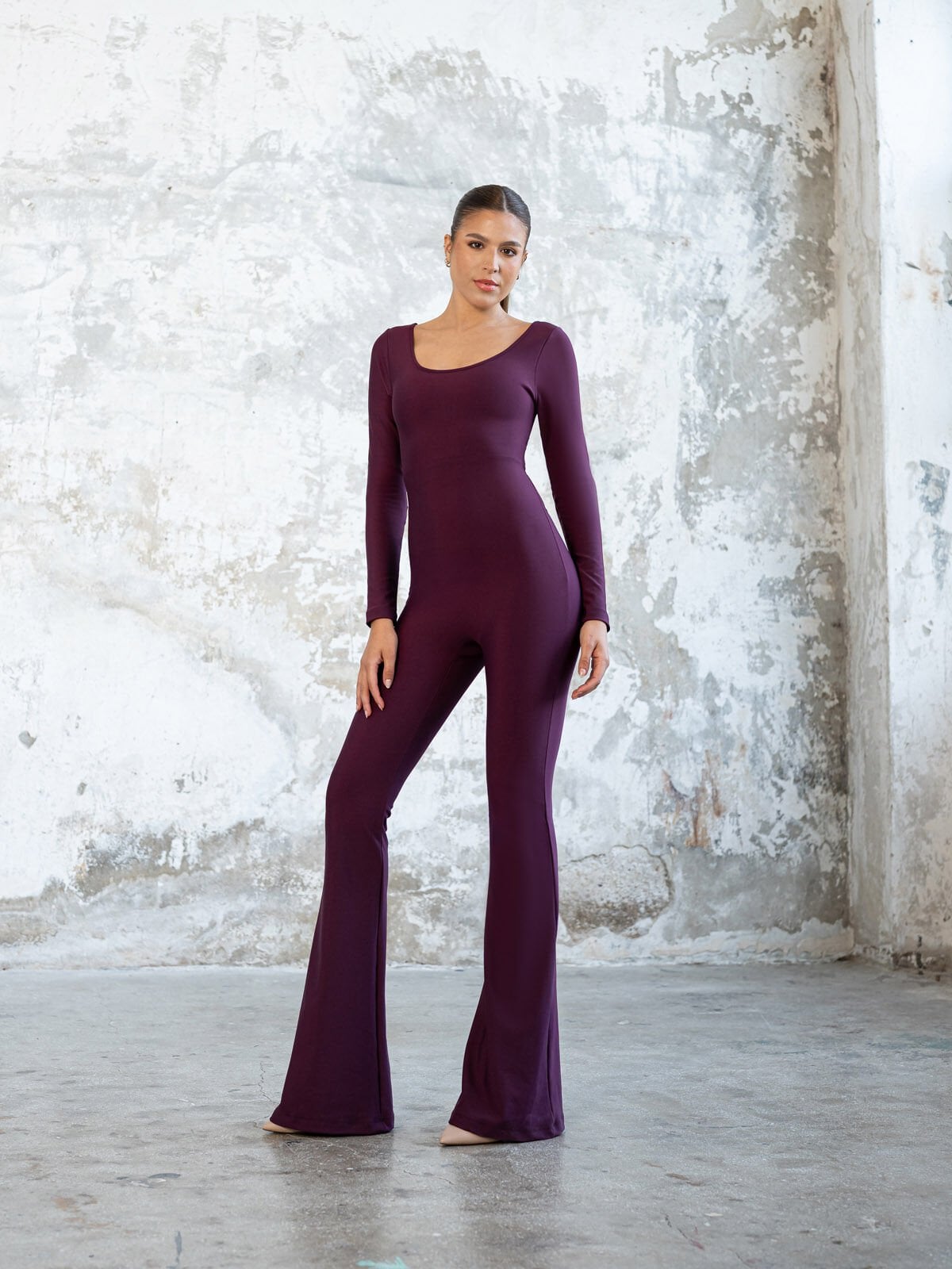 İspanyol Uzun Kollu Scrunch Butt Tulum Mürdüm Renk 3102