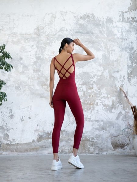 Çift Çapraz Spor Tulum Bordo Renk 2101