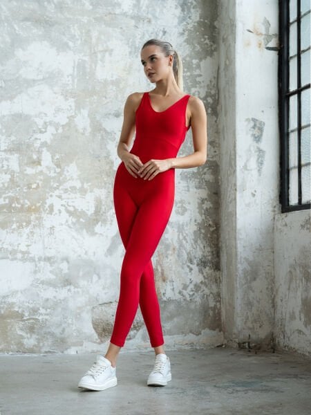 Çift Çapraz Spor Tulum Kırmızı Renk 2103